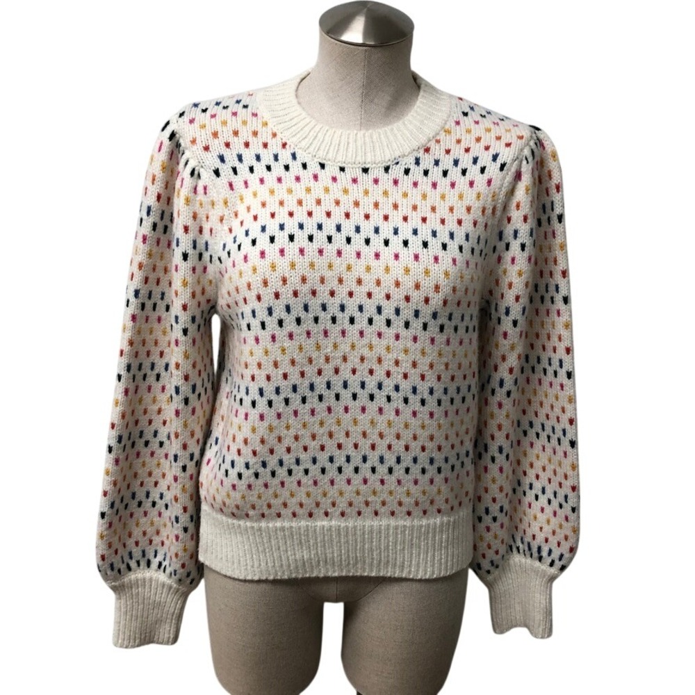 Marine Layer Sweater Womens Medium Ivory Multi Color Dot Knit Puff Sleeve 15635
